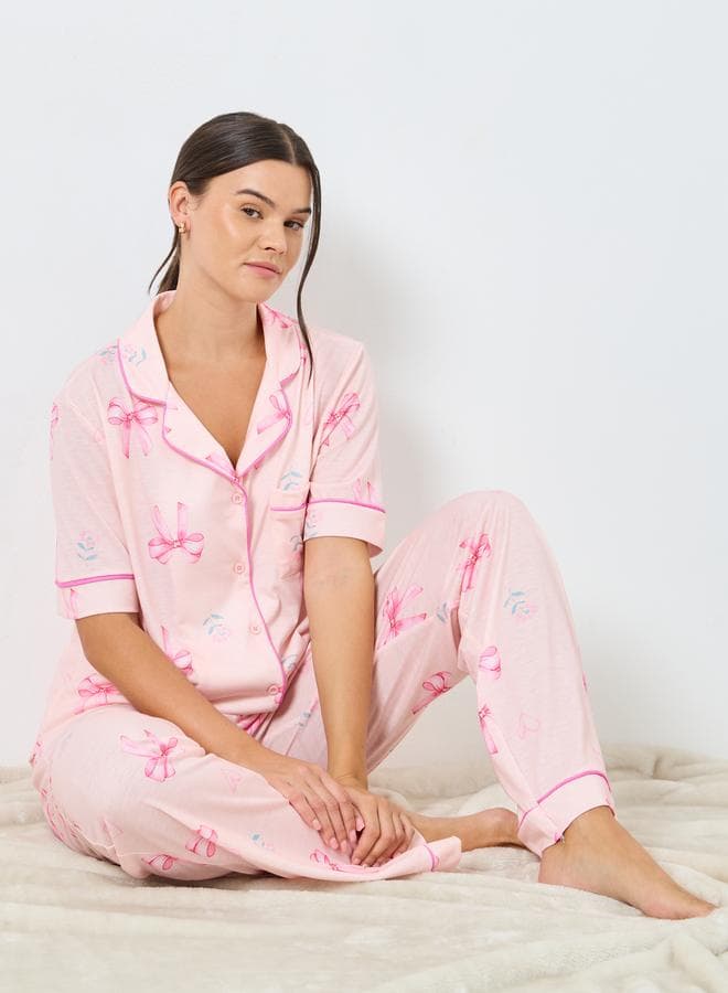 Styli Bow Heart Print Piped Pyjama Set - Image 1