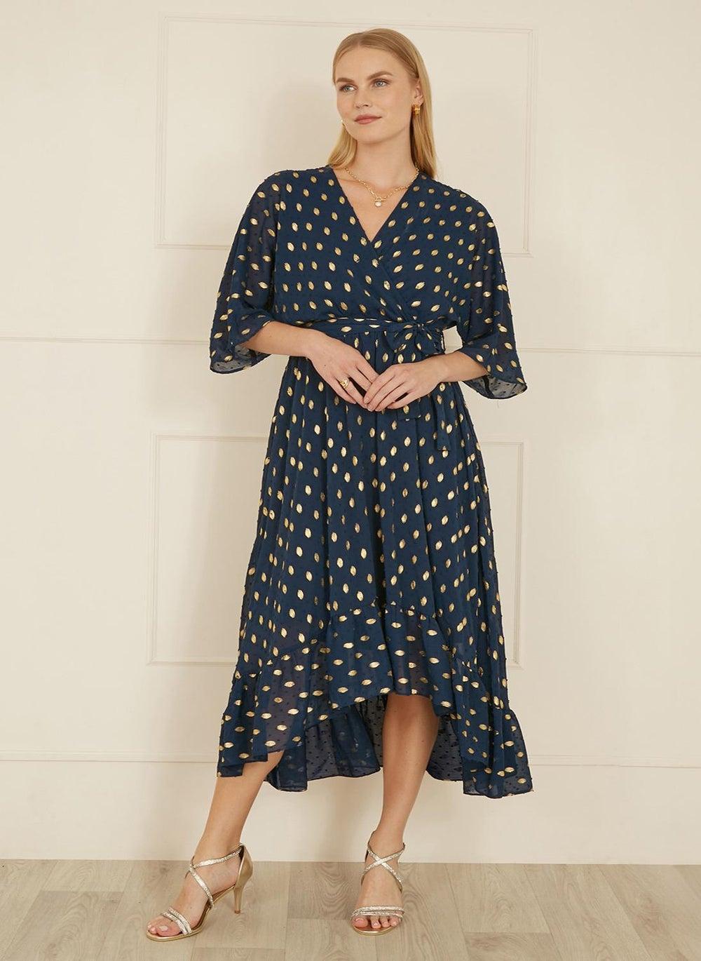 Navy Gold Polka Dot Wrap Midi Dress - Image 1
