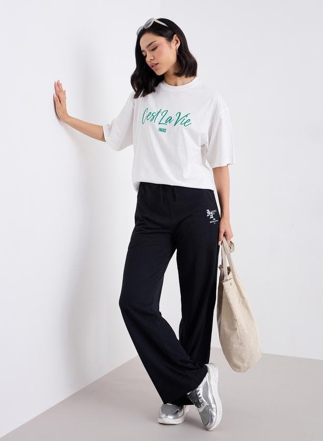 Embroidered Slogan Oversized Cotton T-Shirt Off White - Image 1