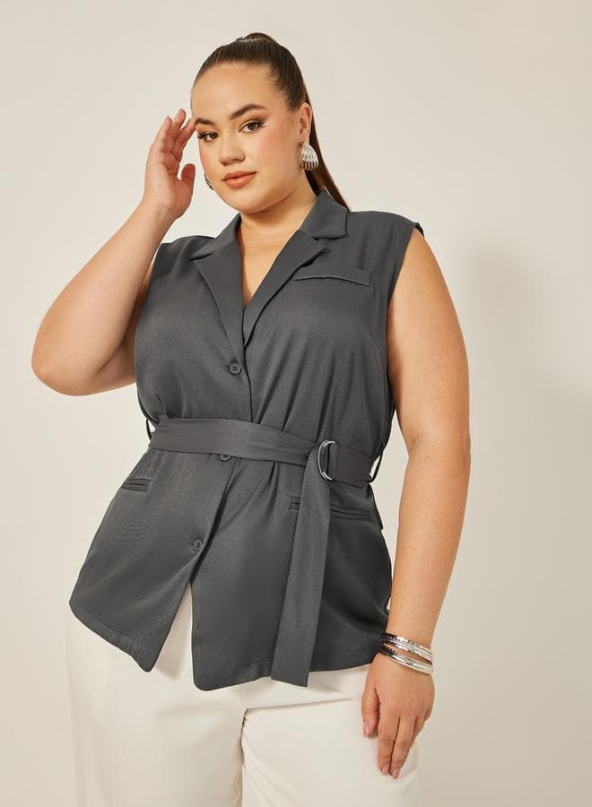 Styli Plus Size Charcoal Notch Collar Belted Waistcoat - Image 1