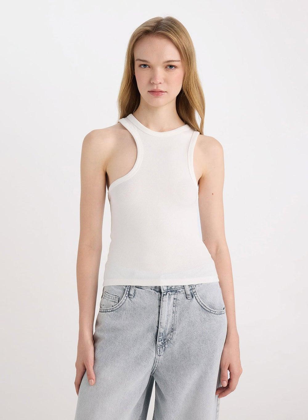 C7659Ax Asymmetric Ribbed Tank Top in Off White - Image 1