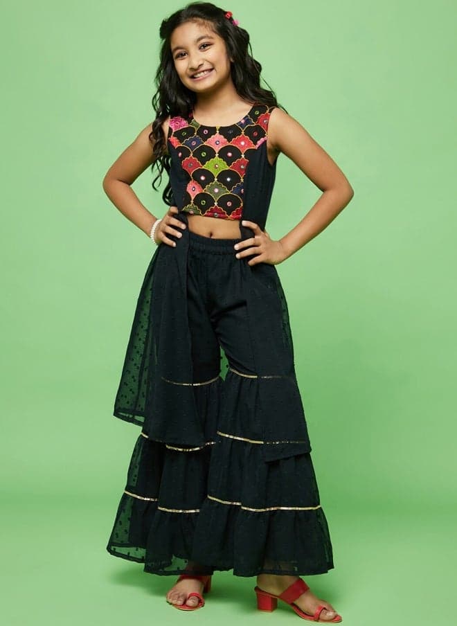 Black Geometric Embroidered Kurta Sharara Set Girls - Image 1