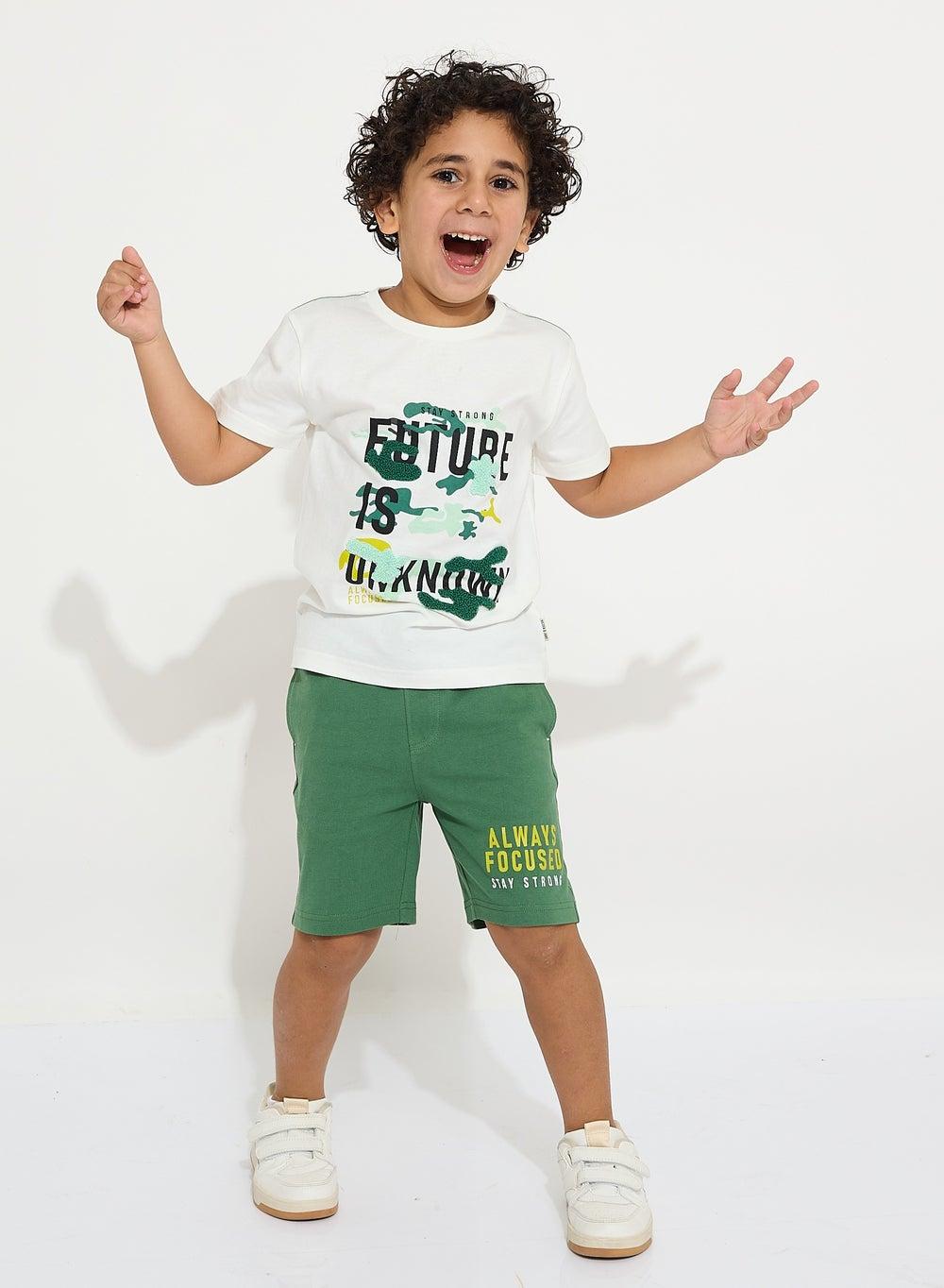 Boys' Summer 2-Piece Cotton Set White & Dark Green - Image 1