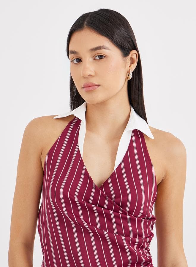 Burgundy Striped Halter Neck Skinny Fit Top - Image 1