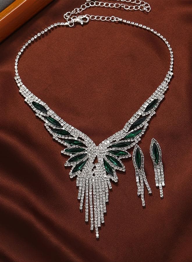 Dark Green Rhinestone Tassel Jewellery Set - Image 1