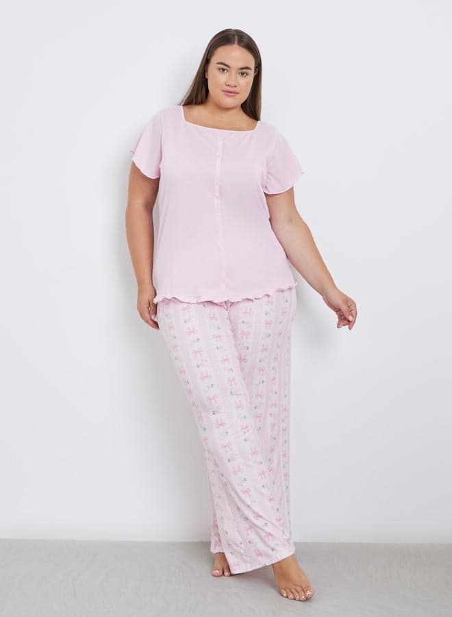 Styli Plus Bow Print Pyjama Set with Square Neck Top - Image 1