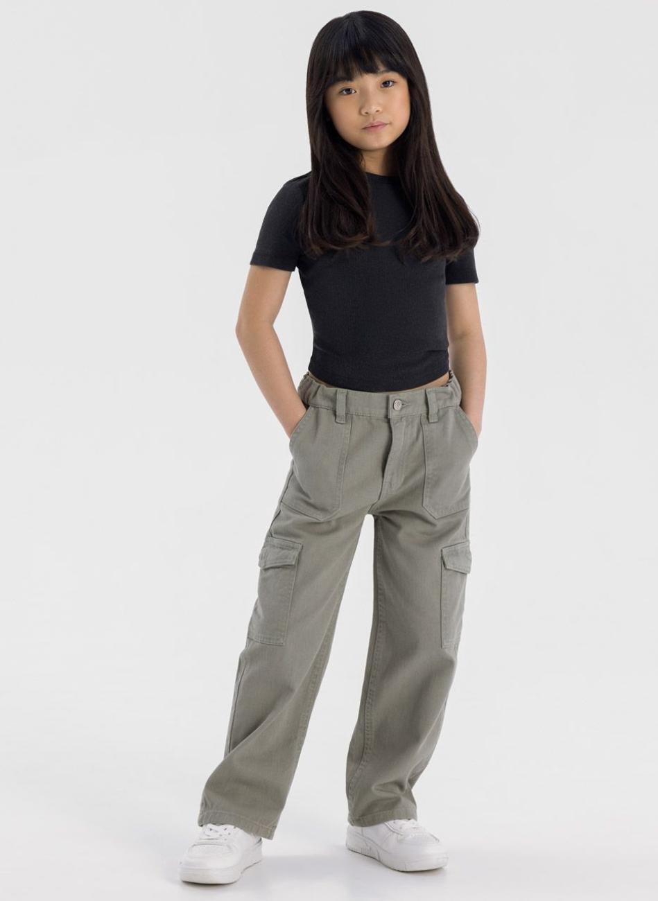Girls Khaki Wide Leg Cargo Trousers - Image 1