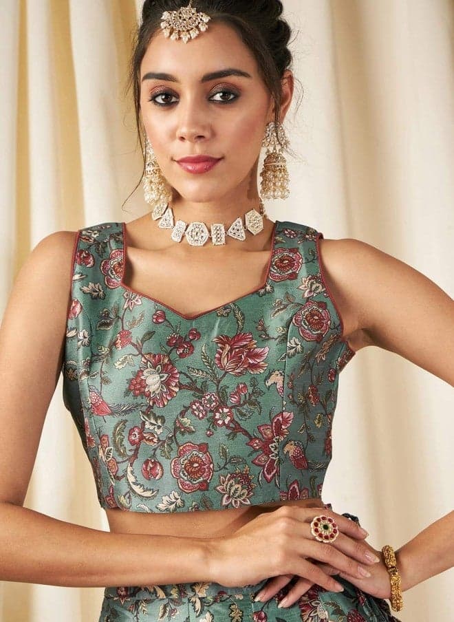 Olive Green Maroon Floral Poly Silk Crop Top - Image 1