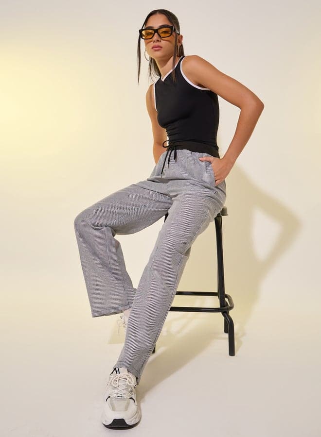 Striped High-Rise Wide Leg Pants 7012637114Grey - Image 1