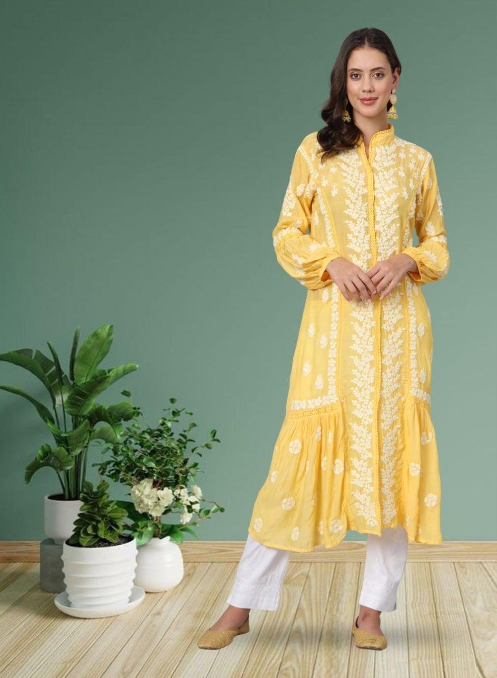 AL3888 Yellow Chikankari Cotton Kurta for Women - Image 1