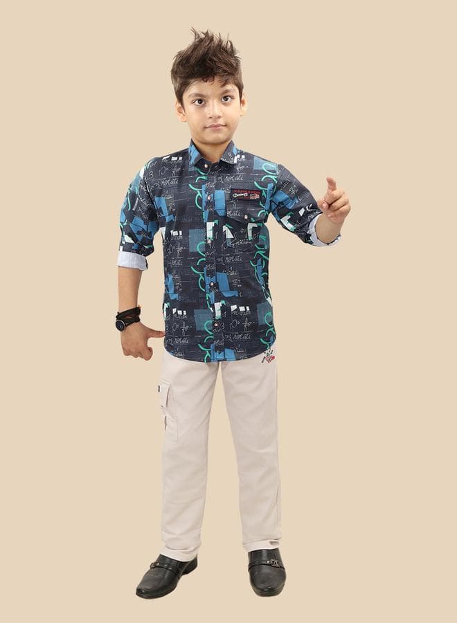 Boys Blue Printed Buttoned Shirt & Pant Set - Image 1