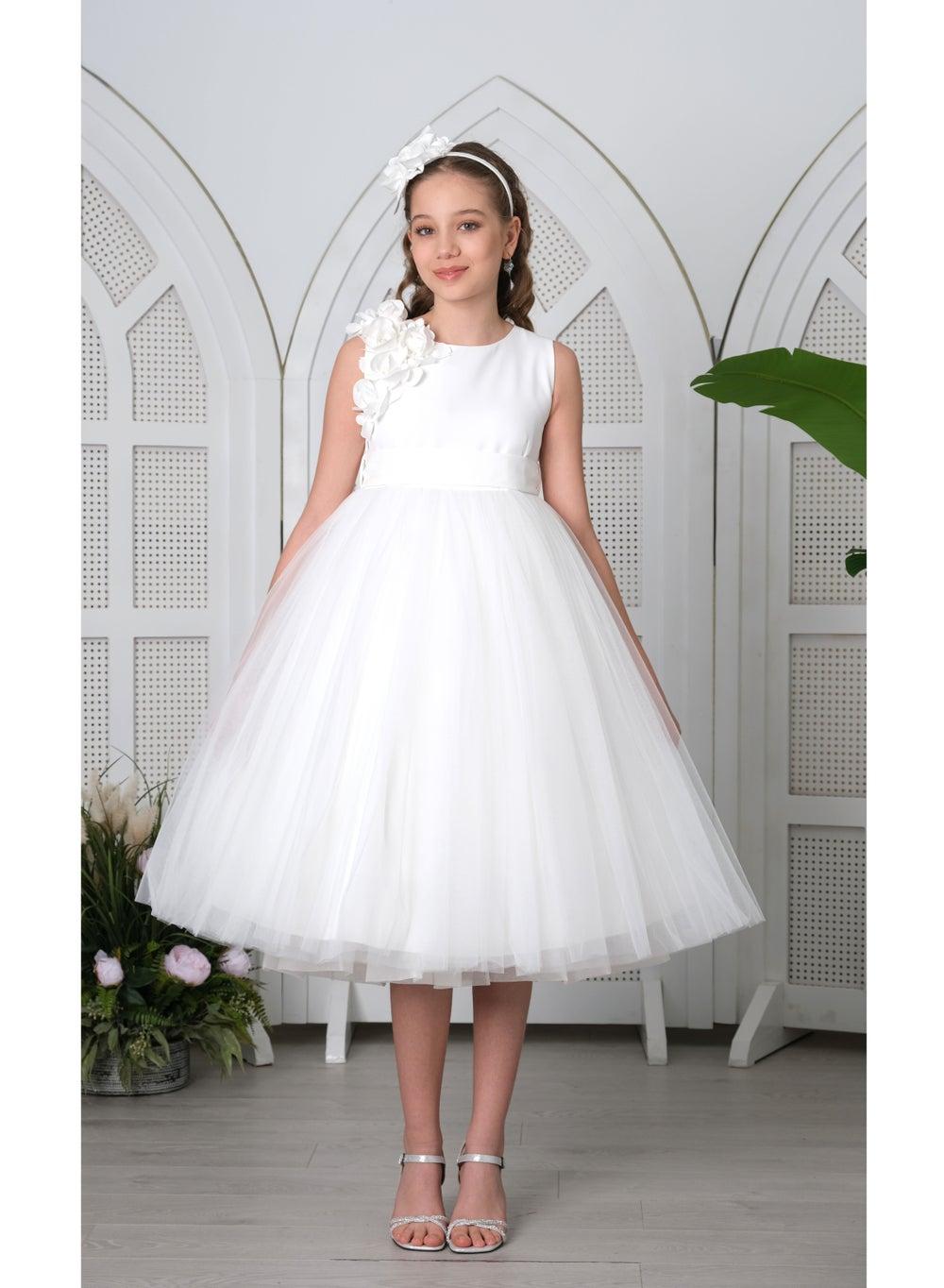 White Tulle Flower Dress for Girls - Image 1