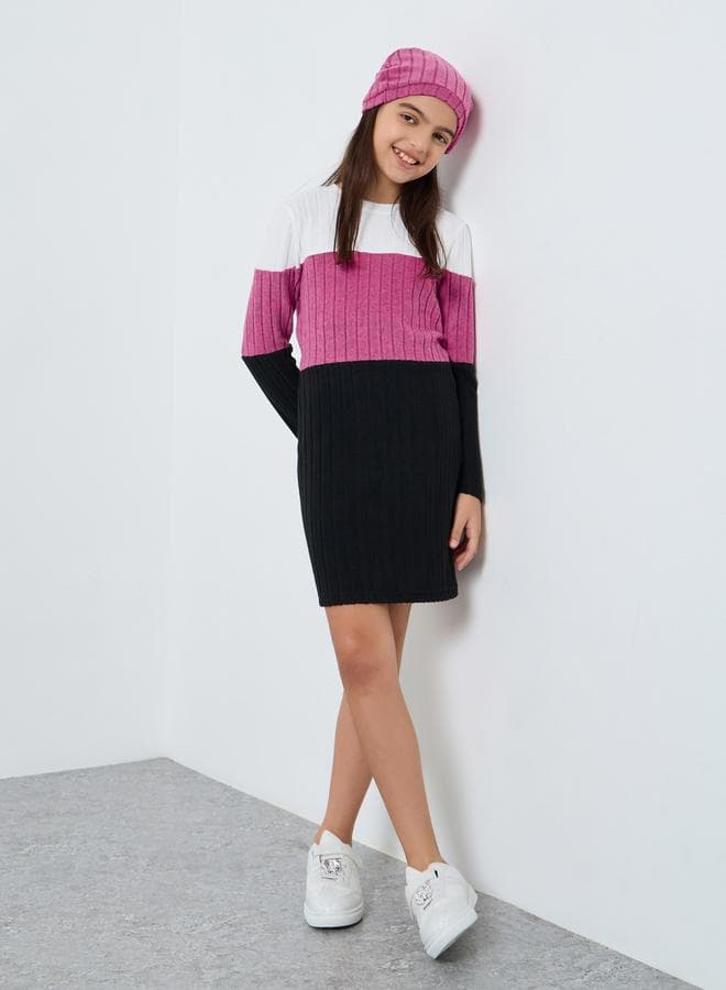 Styli Teens Color Block Knit Dress & Beanie Set - Image 1