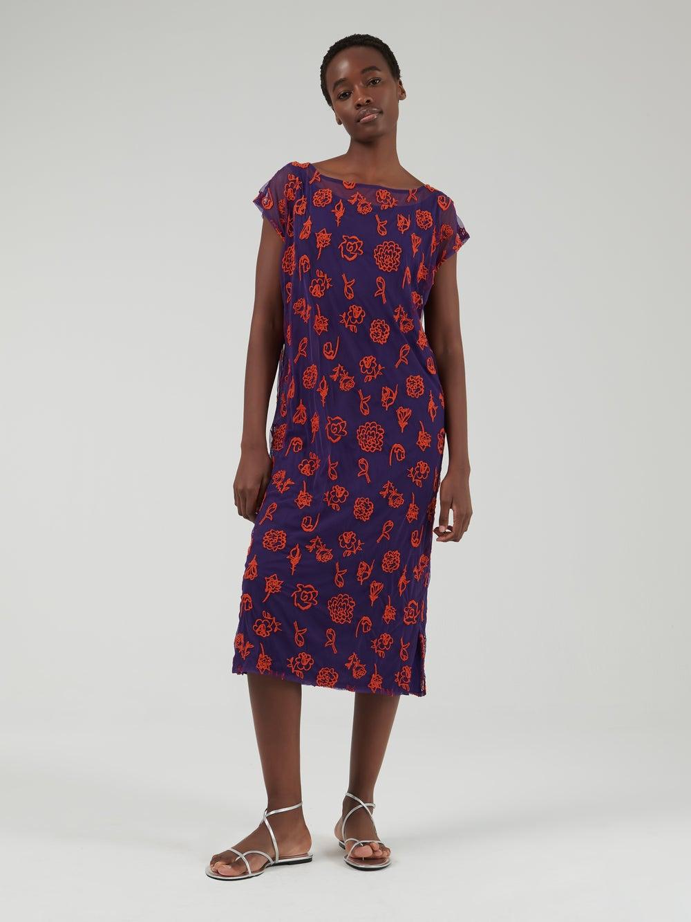 Purple Mesh Embroidered Kaftan with Inner Slip - Image 1