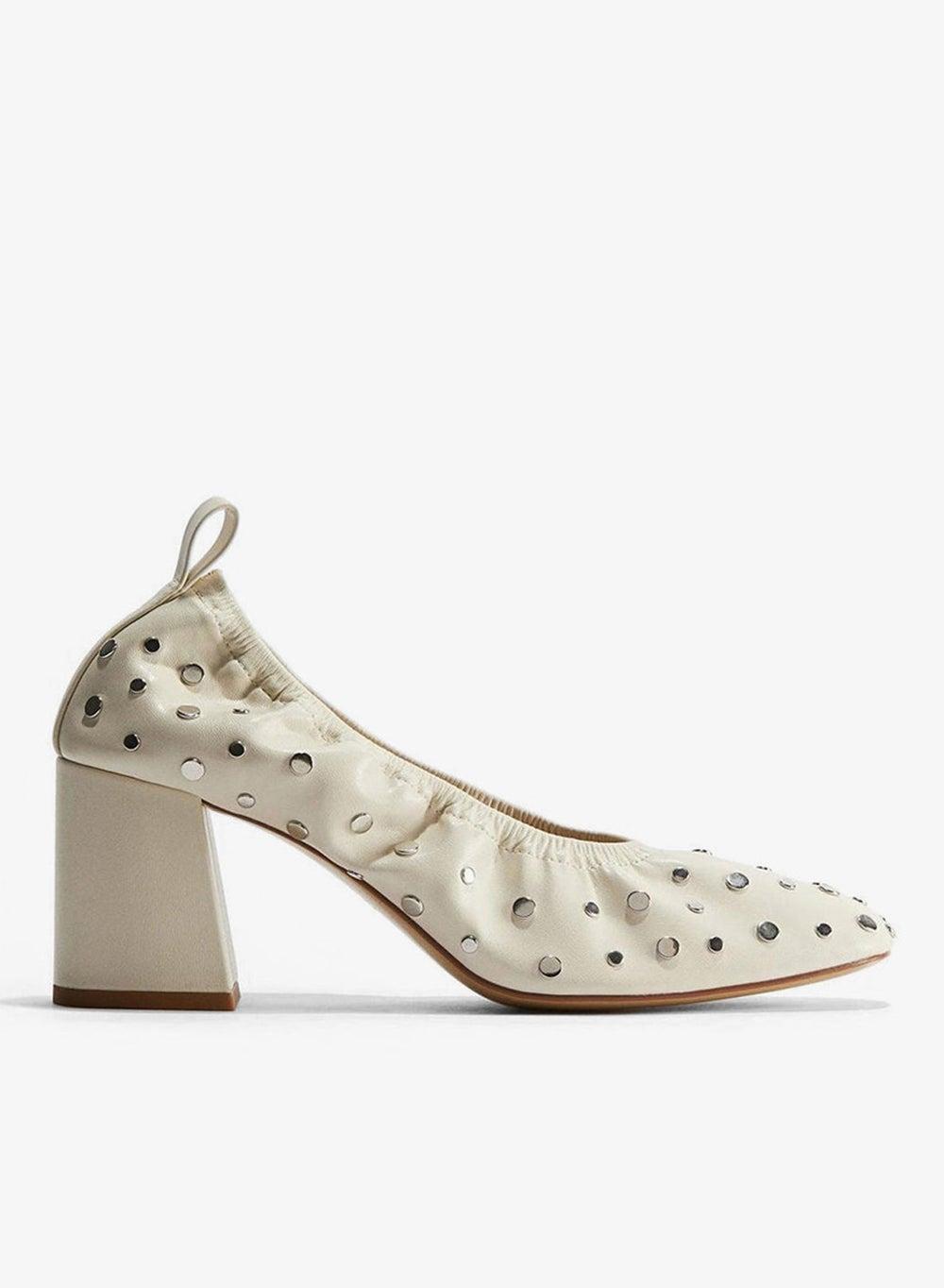 Studded Ballet Court Pumps – White Dusty Light - Image 1