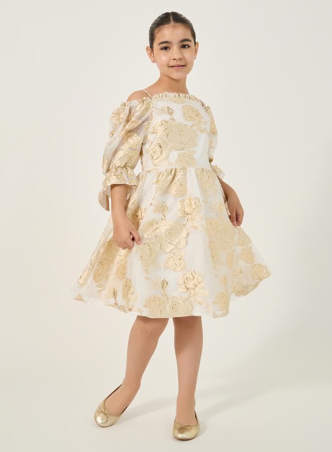 Styli Jacquard Off-Shoulder Gold Floral Midi Dress - Image 1