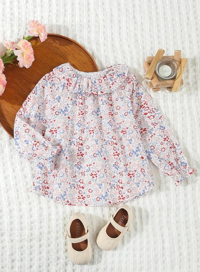 Girls Floral Cotton Top with Ruffle Collar Pink - Image 1
