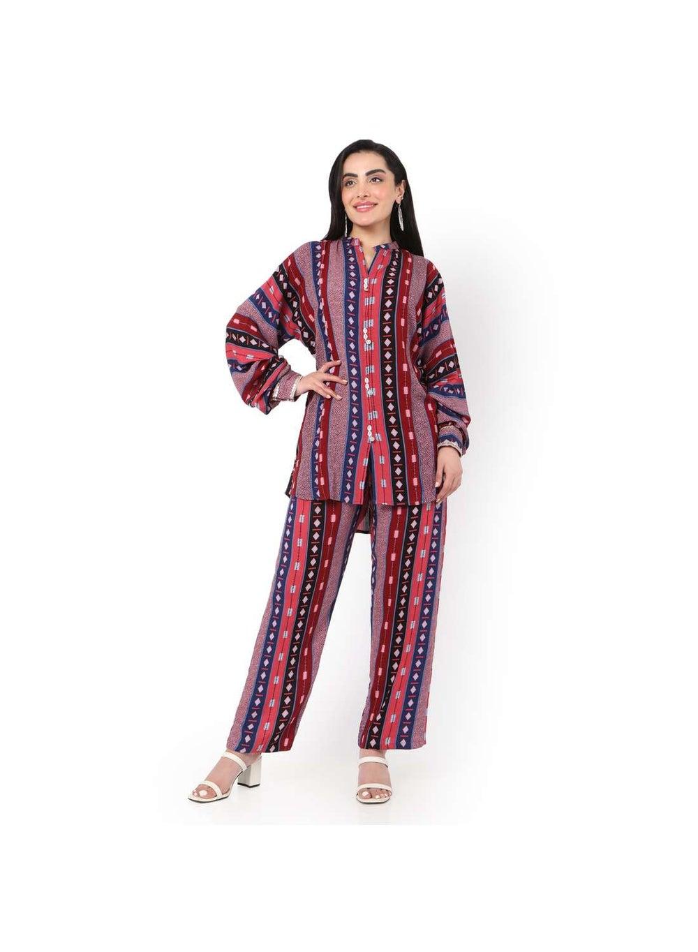 Printed Viscose Jalabiya Co-Ord Set Multicolour Elegance - Image 1