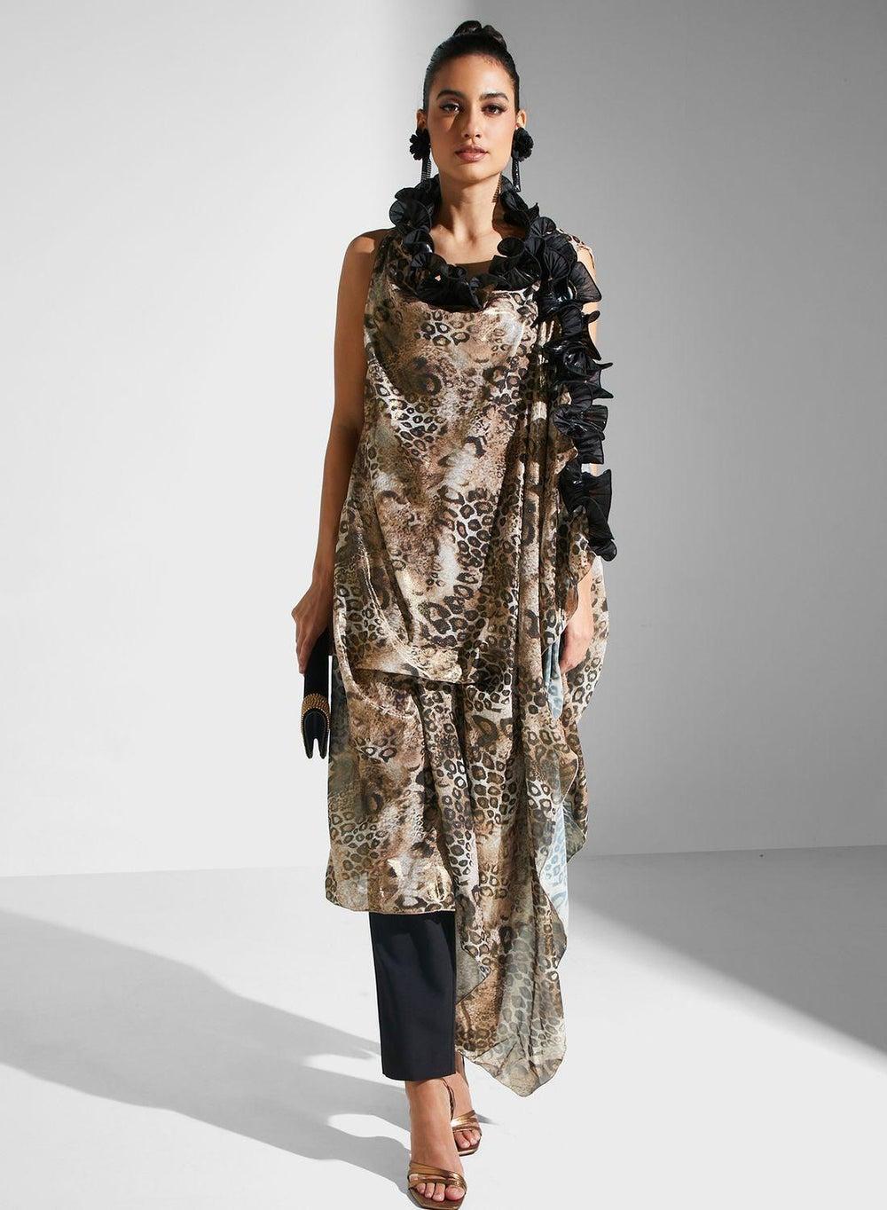 Asymmetrical Animal Print Evening Top Brown - Image 1