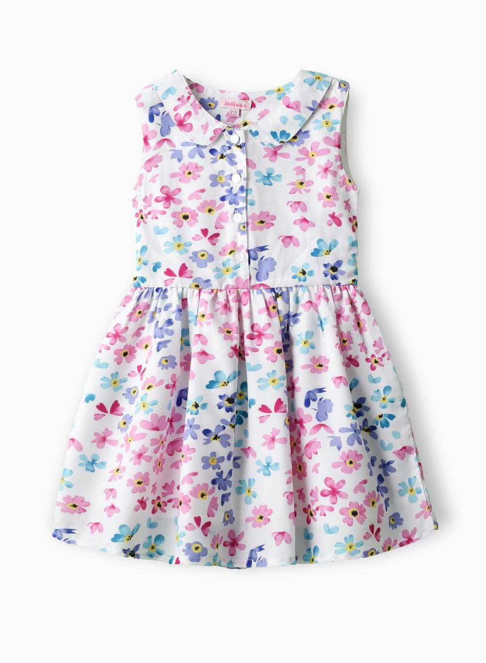 Girls Floral Sleeveless A-Line Party Dress with Collar - Image 1