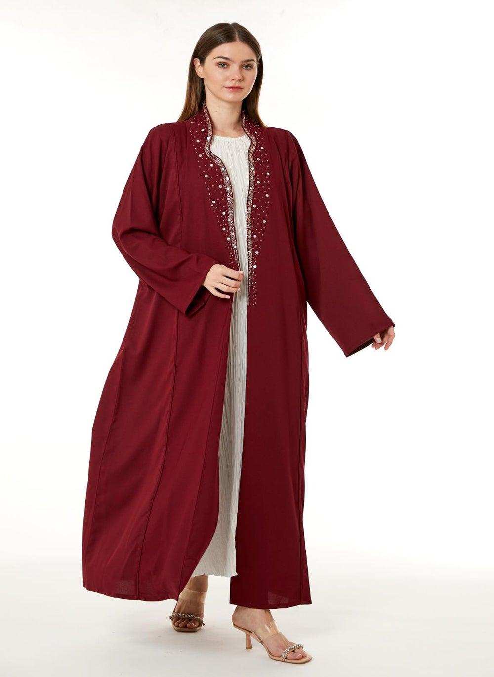 Red Indonesian Crepe Hand-Embellished V-Neck Abaya - Image 1