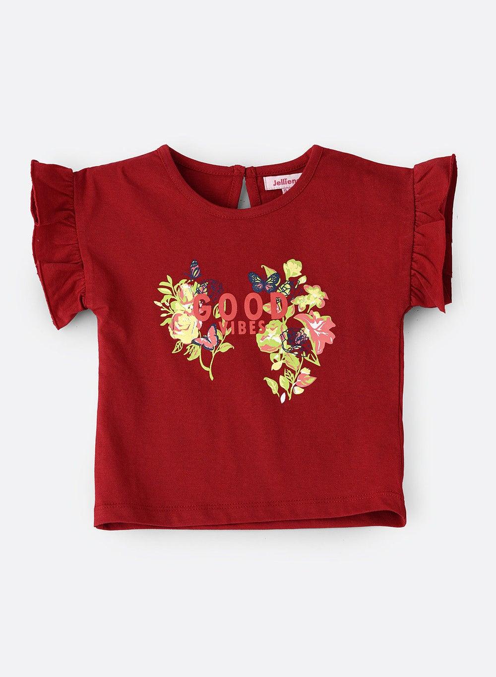 Girls Red Knit Frill Sleeve Top Rbing W203 - Image 1