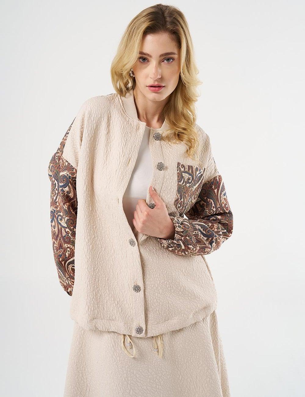 Kayra Jacquard Textured Cream Jacket 70cm - Image 1
