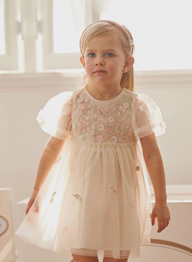 Ivory Floral Tulle Puff Sleeve Dress - Image 1