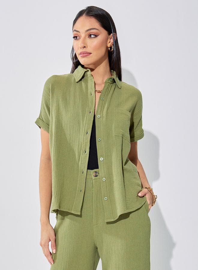 Styli Cotton Gauze Textured Shirt 7005357113 Green - Image 1
