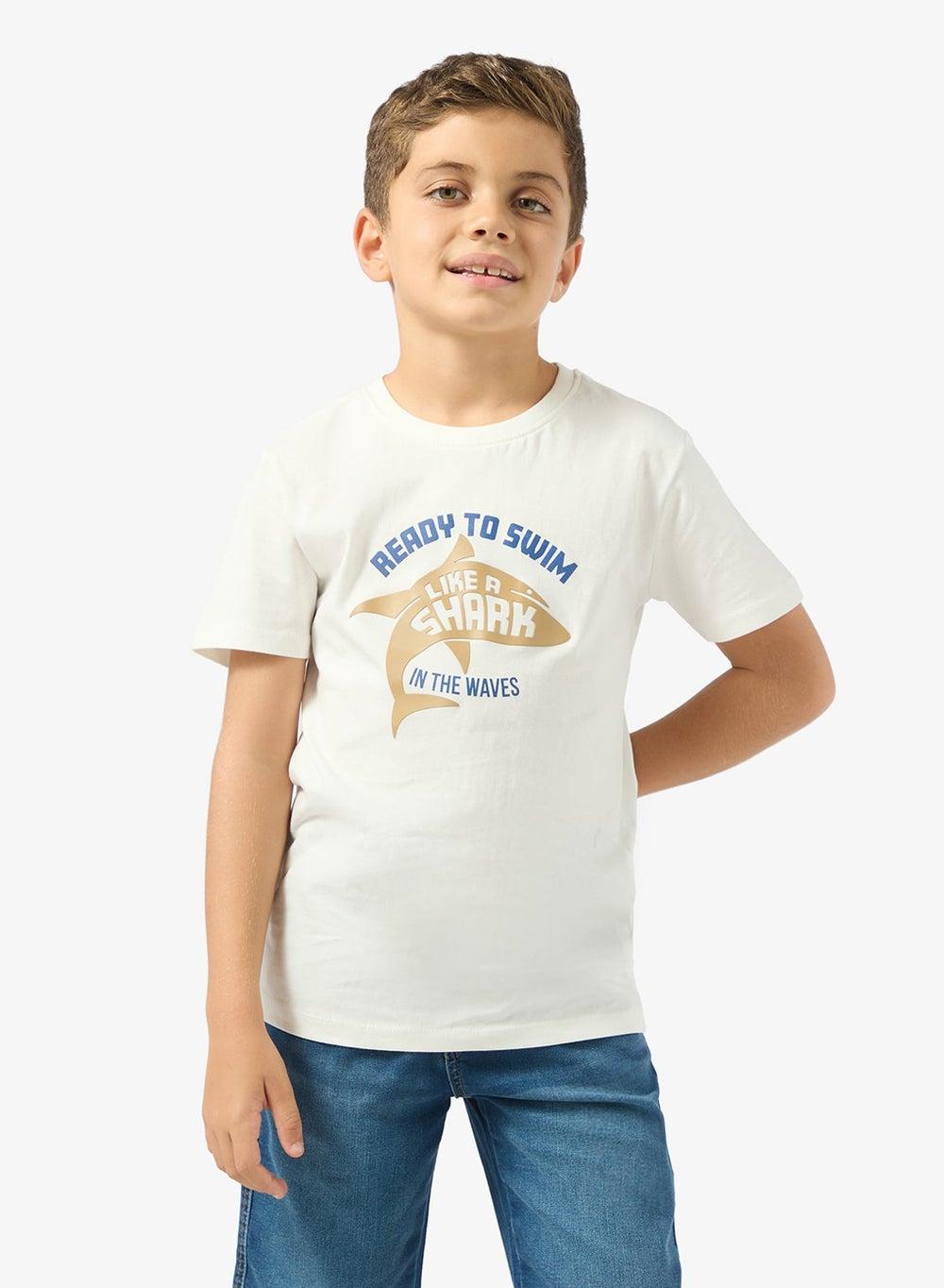 Boys White Cotton HD Print Regular Fit Tee - Image 1