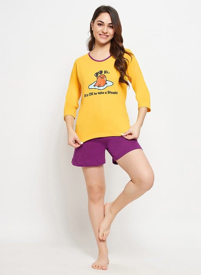 Clovia Cotton Graphic Top & Purple Shorts Set - Image 1