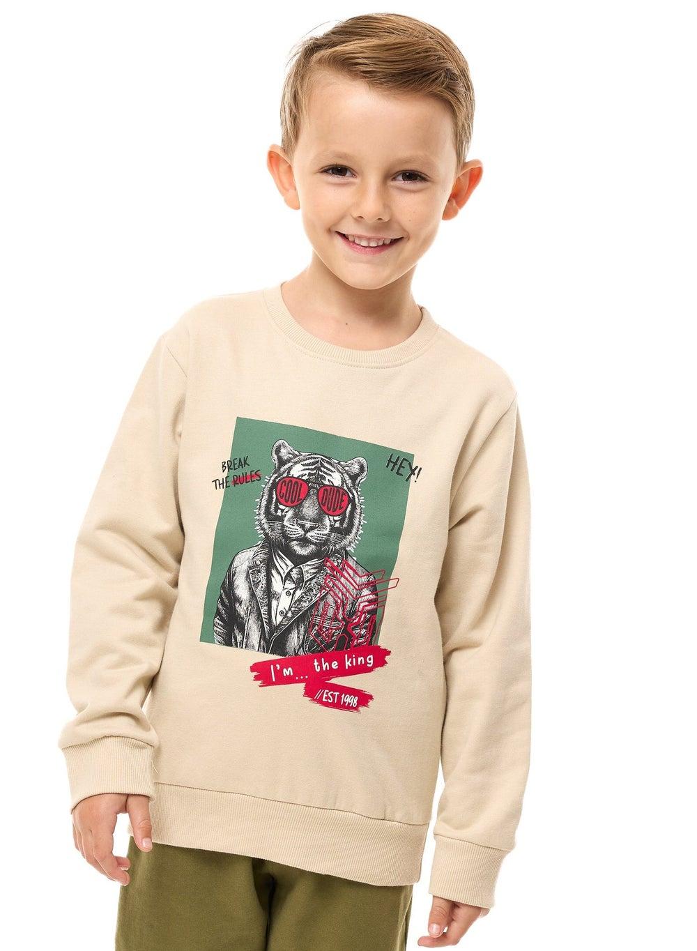 Boys Beige-Olive Cotton Sweatshirt & Jogger Set - Image 1