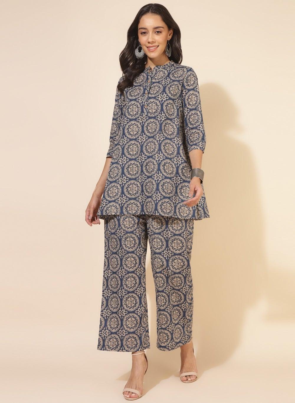 Blue Printed Cotton Kurti Pant Set – Mandarin Collar - Image 1
