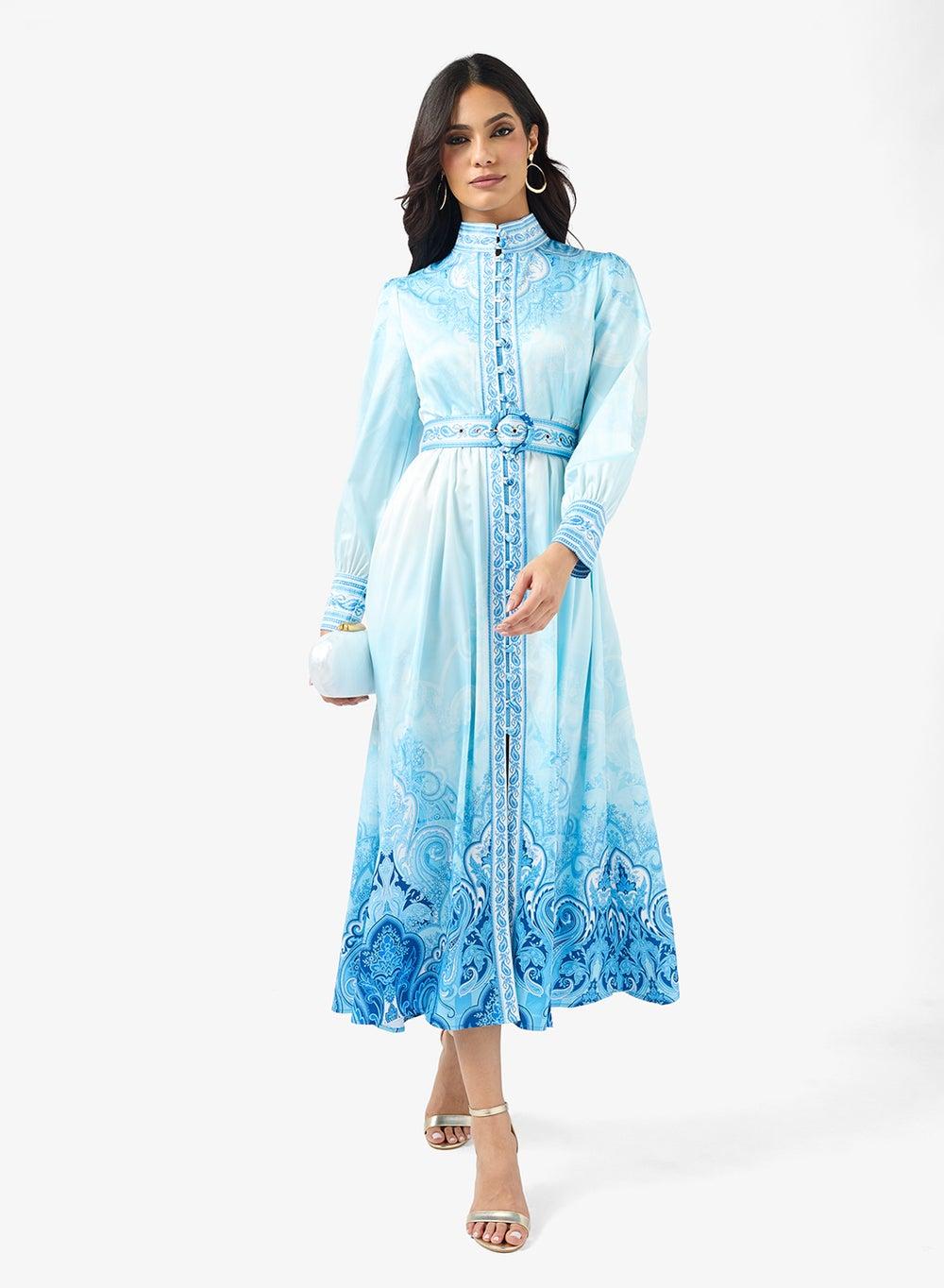 Sky Blue Abstract Print Midi Dress Vt8748 - Image 1