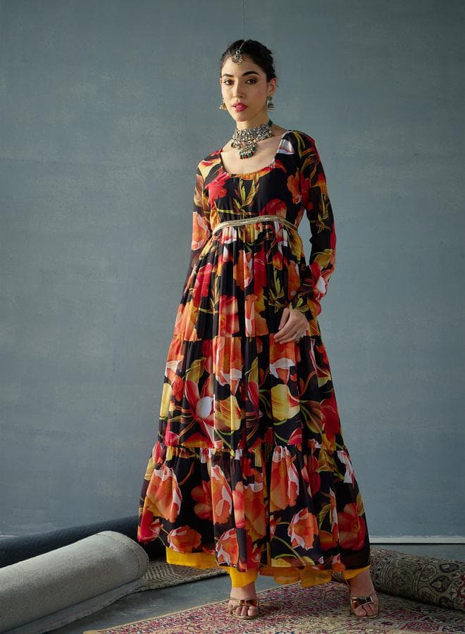 SASSAFRAS Black Floral Tiered Kurta 7012170101 - Image 1