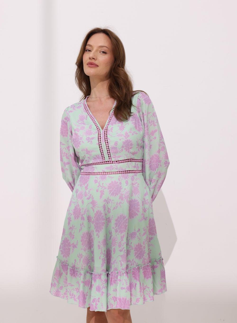 Mint Floral Lace Midi Dress V-Neck Fit & Flare - Image 1