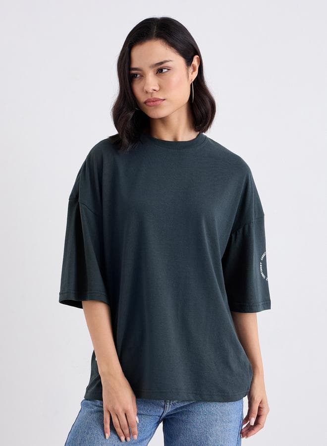 Styli Charcoal Oversized Slogan Cotton T-Shirt - Image 1
