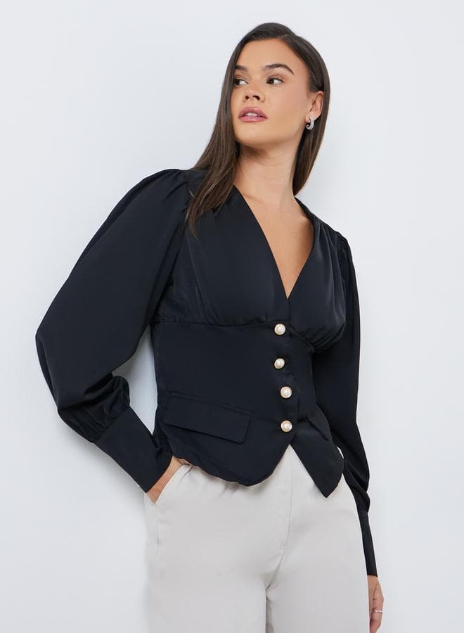 Styli Black Buttoned Balloon Sleeve V-Neck Blouse - Image 1