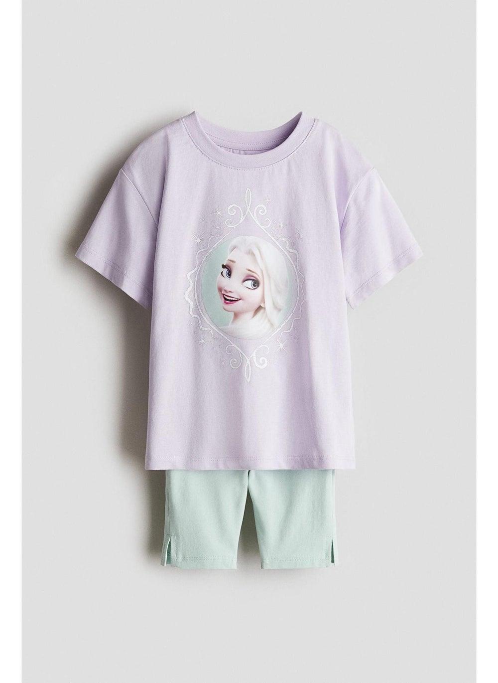 Girls Lilac Printed Cotton T-Shirt & Shorts Set - Image 1