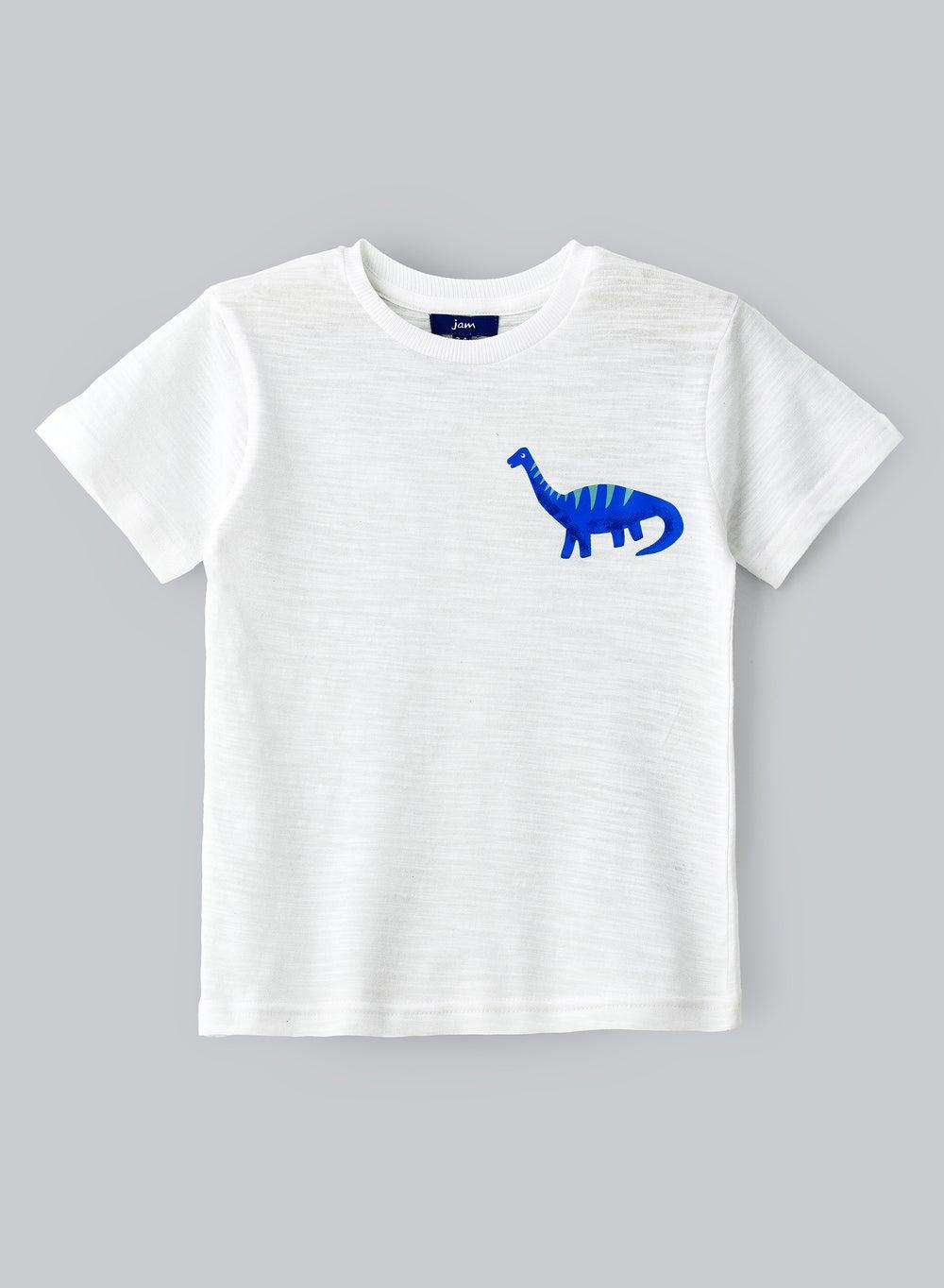 Boys White Dinosaur Graphic Cotton T-Shirt - Image 1