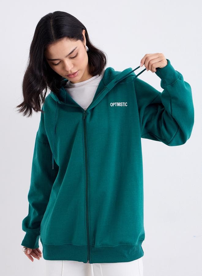 Styli Oversized Longline Zip Hoodie Dark Green Slogan - Image 1