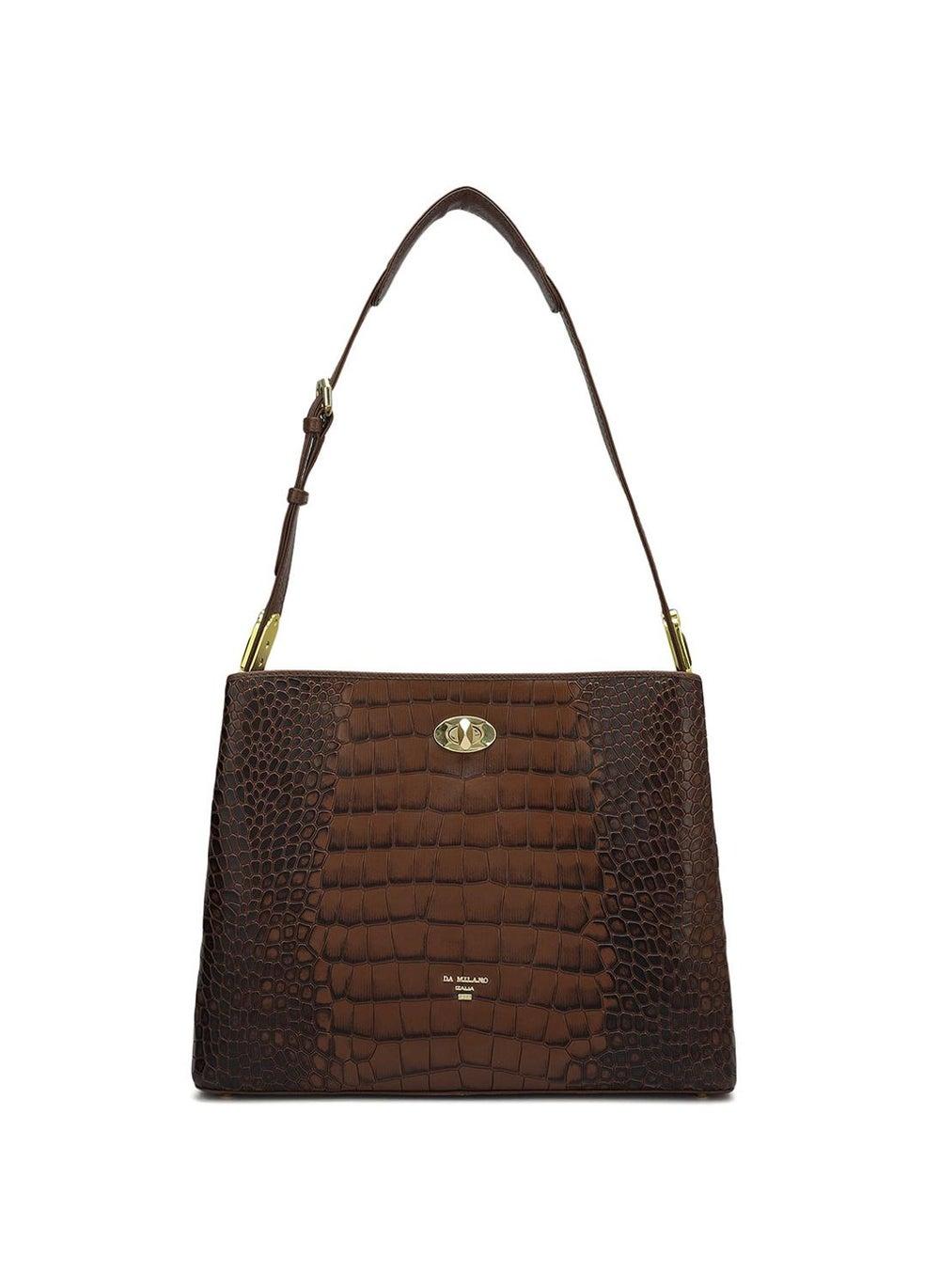 Brown Textured Leather Tote Bag with Twist Lock - Image 1