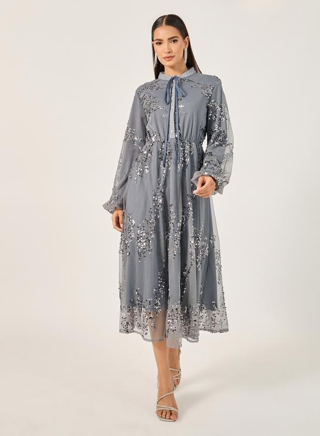 Dusty Grey Sequin Balloon Sleeve Midi Dress 7012111014 - Image 1