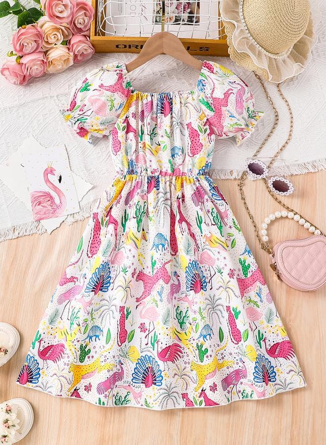 Girls Multi Graphic Print Square Neck Mini Dress - Image 1