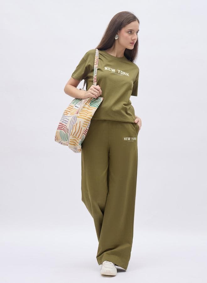 Styli Khaki Slogan Boxy Tee & Wide Leg Co-Ord - Image 1