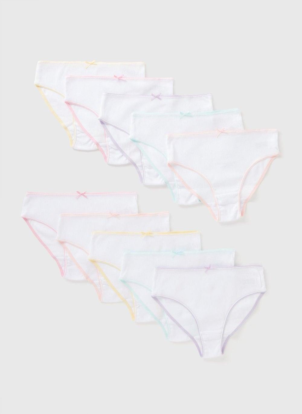 Girls 10 Pack White Ribbed Cotton Briefs - Image 1