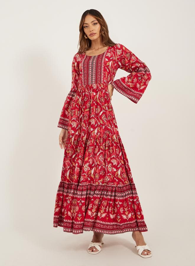 Red Floral Bell Sleeve A-Line Maxi Dress 7010643828 - Image 1