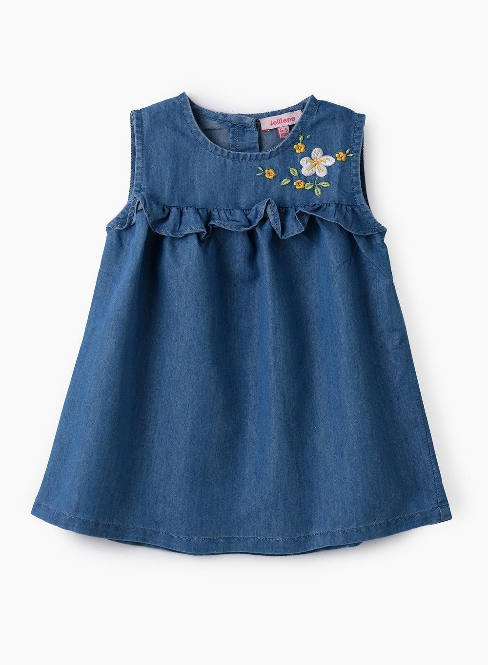 Girls Blue Embroidered Sleeveless Denim A-Line Dress - Image 1