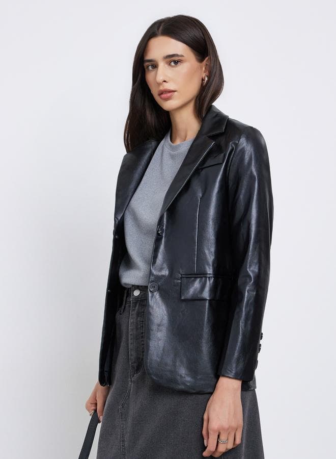 Styli Black Leather-Look Regular Fit Blazer - Image 1