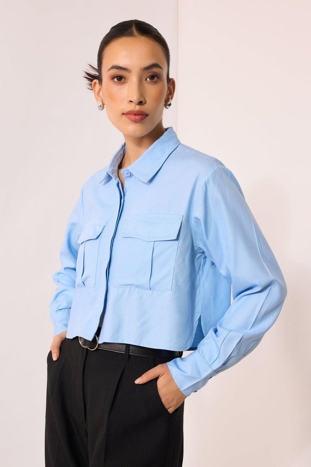 Blue Viscose Oversized Workwear Shirt with Pockets - Image 1